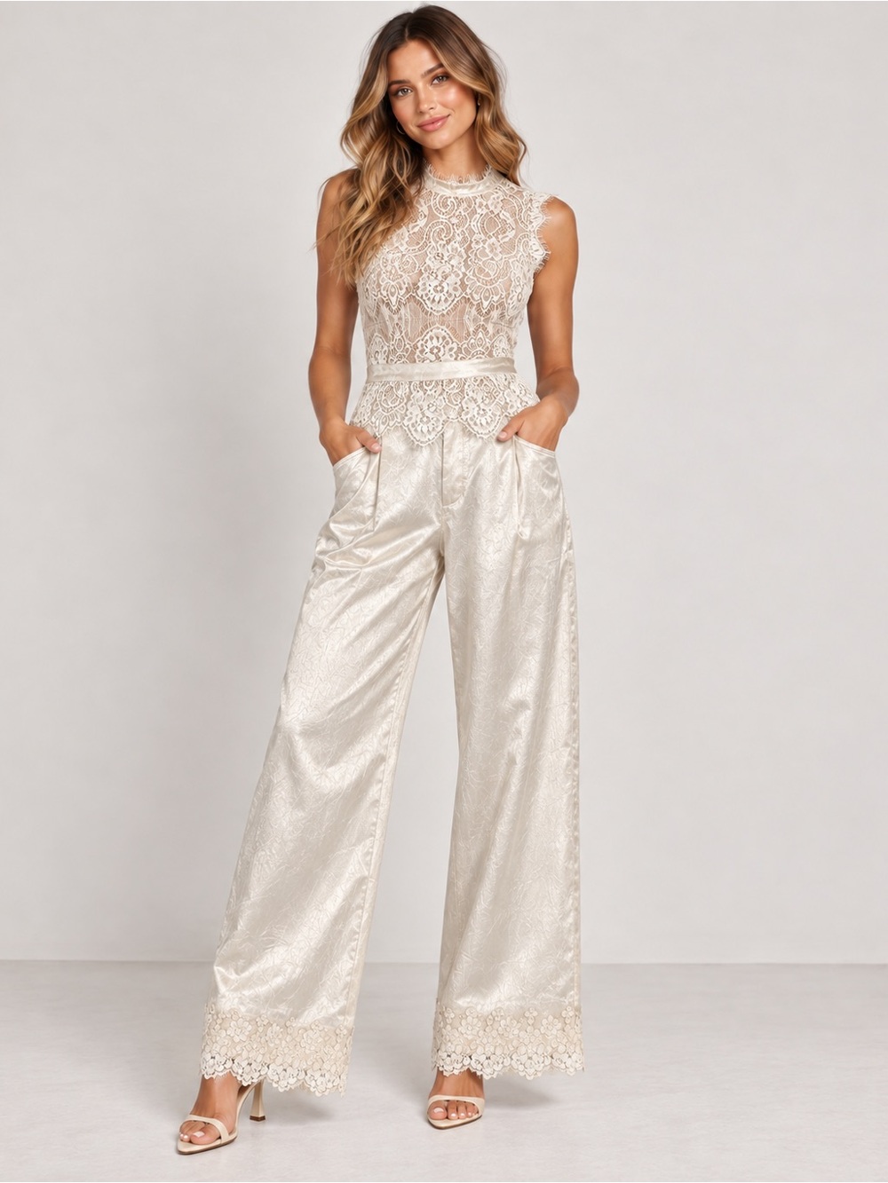 Ten/22 Ivory Lace Top & Satin Wide Leg Pants Set Size M